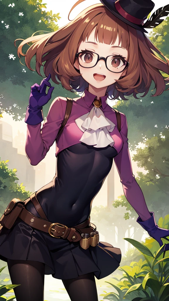 masterpiece, best quality, highres, dsnoir, brown hair, short hair, brown eyes, pink shirt, ascot, skirt, vest, hat, hat feather, pantyhose, bandolier, purple gloves, futabasakura, blunt bangs, glasses, black-framed eyewear, ahoge, small breasts, bodysuit, black bodysuit, gloves, gloves with green fingertips, green boots, goggles, goggles on head, belt, happy, open mouth, cowboy shot, outdoors, forest