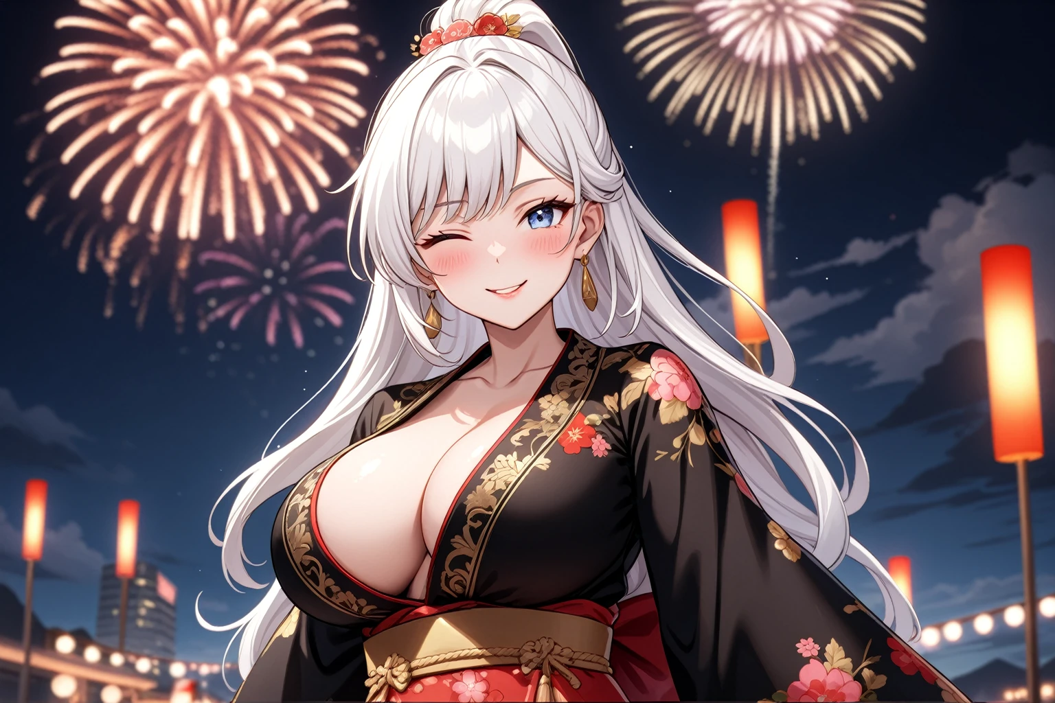 ((one personの女性)), Beautiful Face,Expressions of embarrassment and kindness,Laugh shyly,((Wink:2.0)),turn bright red,Glossy pink lips,night,Fireworks mountain((Anime style background)),masterpiece, highest quality, so beautiful, up to date, Complex details, (Pink long nails),AI-generated, Complex,High resolution, highest quality, super high quality,3D Images、View your audience、3D Images,one person,Long white hair,High Ponytail,blue eyes,Anime woman posing for a photo, [[fine grain、Colorful eyes、Shining Eyes:1.15]],(Squint your eyes:1.1),a hyperRealistic , hyperRealistic , Realistic,Long haired white haired anime woman, Smooth anime CG art, A woman in a colorful kimono with gold embroidery, (Black kimono),Red floral pattern,Long flower hair ornament,Big earrings,(Big Breasts:1.2),Mature Body,expensive,Big Ass,Fine details,Tight waist,Abdominal muscles,
