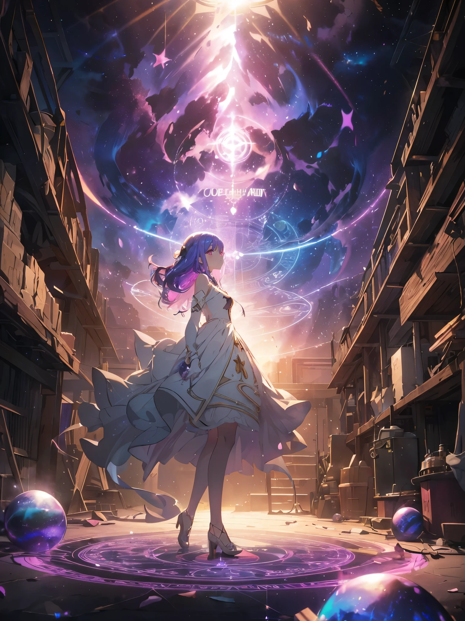 One girl, Beautiful and fine details, Long purple hair, Pale red eyes, Princess Dress, Glowing Skin, resolution, (Anime Style:1.3)High Contrast, ((Mastepiece, highest quality))Girl looking up, (basement: 1.5), (shooting star: 0.9), (nebula: 1.3),(Warm light source: 1.2), (magic circle: 1.5), Purple and Orange, Intricate details, Volumetric Lighting, Realism Break (Mastepiece: 1.2) (highest quality), 4k, Super detailed, (Dynamic Configuration: 1.4), Extremely detailed and colorful, (Iridescent colors: 1.2), (Brilliant lighting, Ambient lighting), dream-like, Magic, (alone: 1.5)　Perfect Fingers
