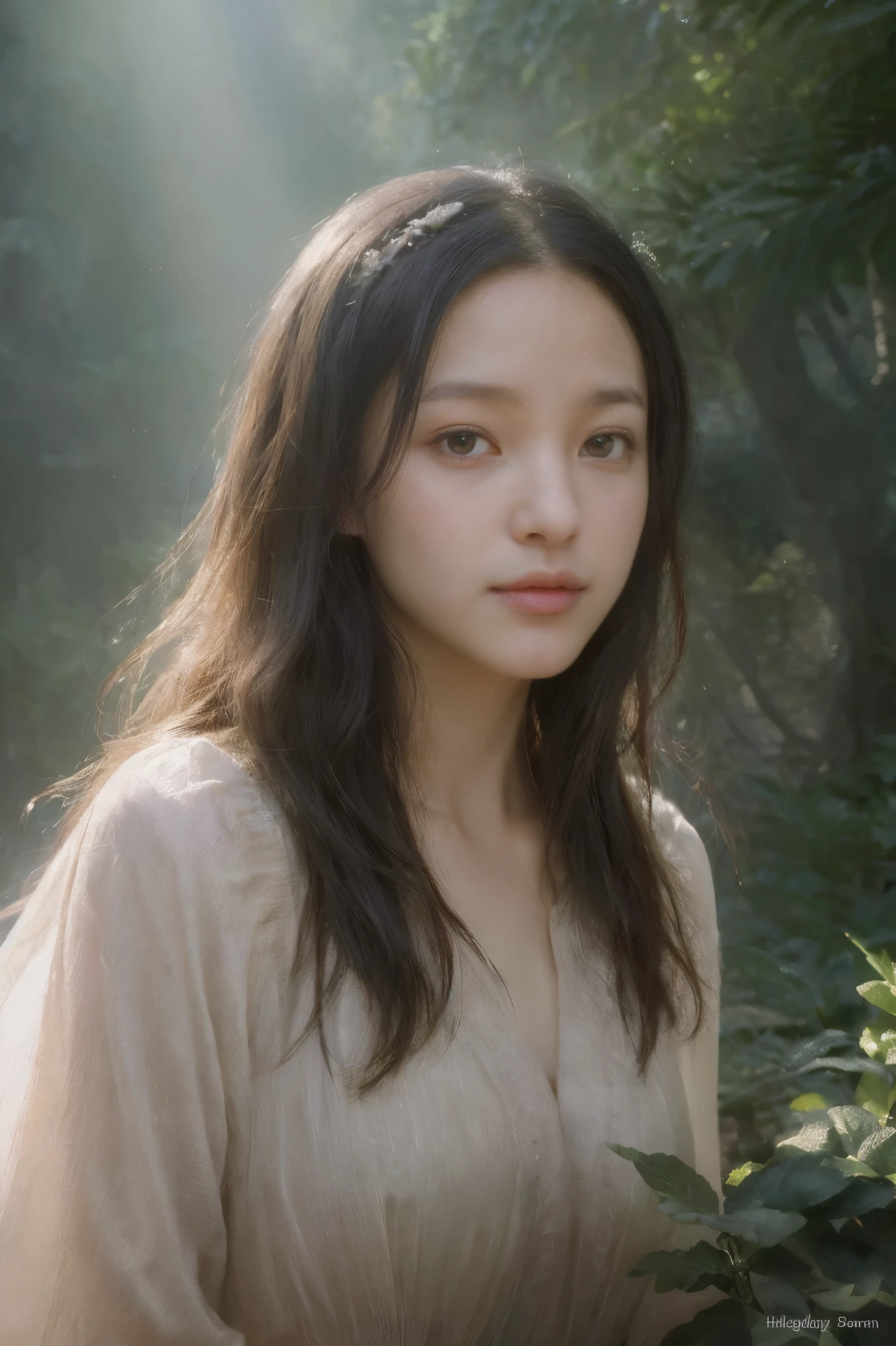 (best quality,4k,highres,masterpiece:1.2),ultra-detailed,realistic:1.37,portrait,illustration,oil painting,detailed eyes,detailed lips,long eyelashes,beautiful girl,fantasy theme,enchanted forest,magical atmosphere,morning light,fairy tale,soft color palette,natural elements,mossy trees,whimsical creatures, ethereal glow,mystical staff,flowing robes,delicate features,wavy hair,rays of sunlight,serene expression,positional light,subtle shadows,artistic brushstrokes,dreamlike texture,depth and dimension,impressive level of detail,radiant beauty,vivid colors,fantasy world,peaceful ambiance