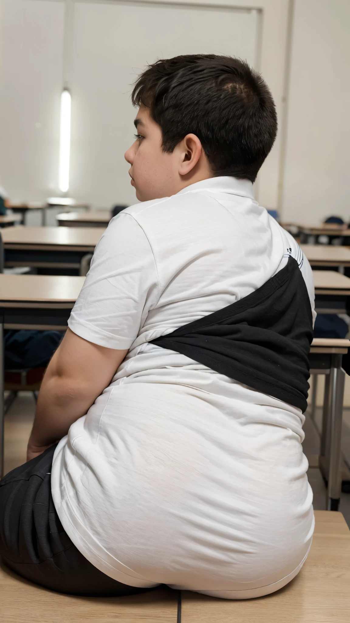 ((best quality)), ((masterpiece)), (detailed), perfect face fat chubby human student boy wearing black pants and white t-shirts little boy in school back view lying