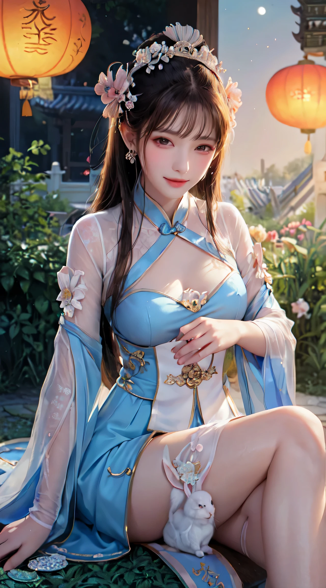 guqinghan,fhz,
hat,hair ornament,has tassel, chinese clothes, traditional clothes, bare shoulders,dress, detached sleeves, jewelry, print clothes, (best quality, masterpiece:1.2), tianfeng1, Extremely detailed, (Practical:1.37), beautiful, youth, Glamorous model, Warm colors, ((A full body perspective,Naturally bent knees,Skin is firm and smooth)), ((In the old-fashioned room,Sitting on a low bed,Lean back,Support your body with your elbows)), ((Elegant and natural posture)), (big eyes, Delicate eyes, Delicate lips, Delicate eyes), Available in white with floral pattern, Show a bright smile, fit, Full breasts, ((Big breasts)), Long legs, Create a stunning picture of a girl enjoying her sleep