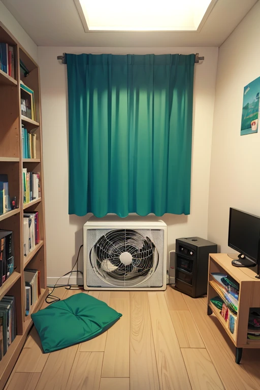quarto gamer, janela, curtinas, cadeira gamer, computar, ventilador, violao, caixa de son, anime , azul verde 