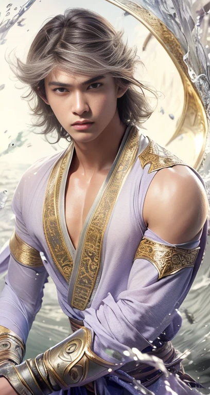 Best quality, masterpiece, super high resolution, hanfu, jade water book, black hair, water, waves, crashing waves, spells, fa gong, (absurd, high resolution, super detailed), Asian, 1 male, eighteen-year-old boy, handsome, tall muscular man, broad shoulders, very short hair, bottom cut, dark brown eyes, fine eyes and detailed face, extremely detailed CG Unity 8k wallpaper, intricate details, (Style Swirl Magic: 0.7), Looking at the Audience, Solo, (Full Body: 0.6), Detailed Background, Detailed Face, (European Medieval Fantasy Theme: 1.1), Hair Fluttering in the Wind, Martial Artist, Dynamic Pose, Fighting Stance, Clenched Fists, Fingerless Gauntlet, Wristband, Dragon-themed Costume, Monk Robe, , Rotating Floating Particles, Dynamic Composition, Upper Body Naked, Big Muscles, White Rubber Pants, ((((crotch bulge))))