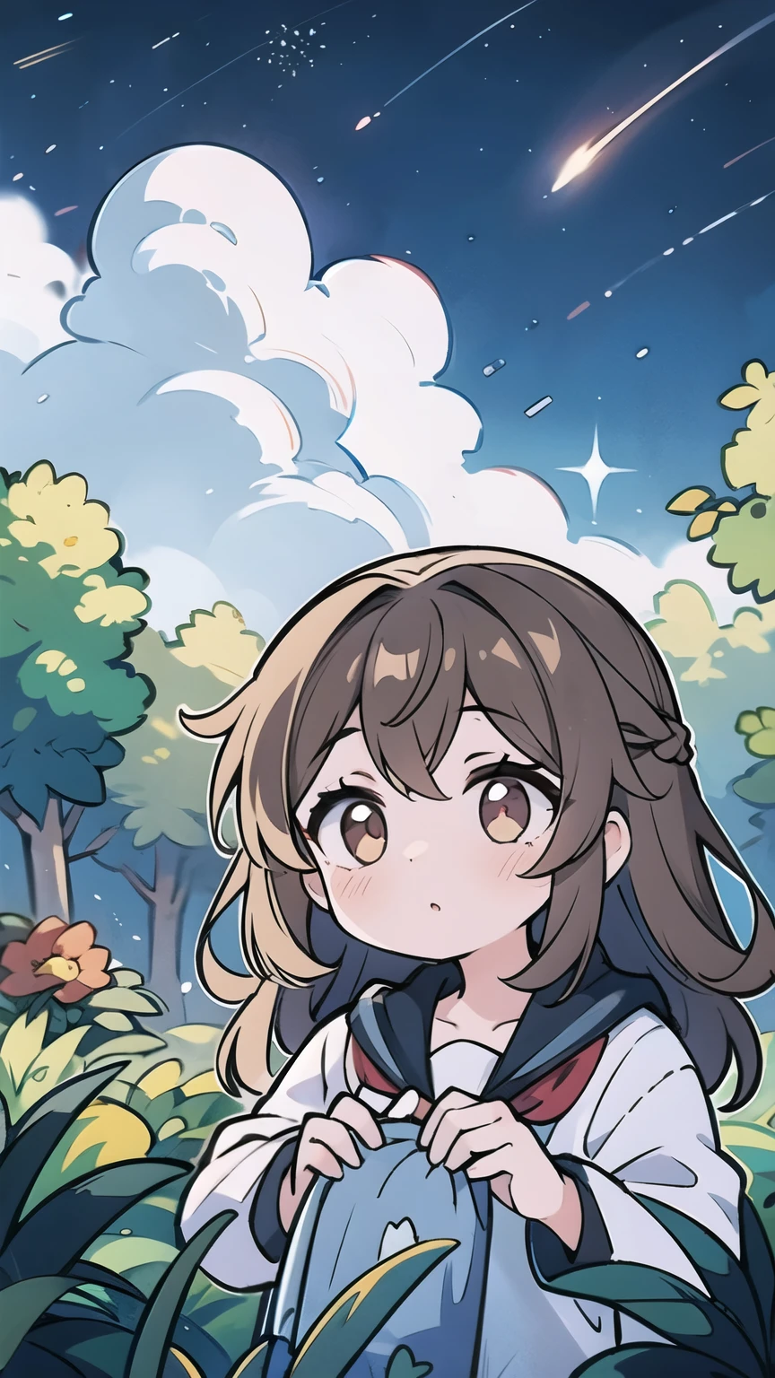 a girl,en un jardin,observando el cielo,de noche,cielo estrellado,He has wavy brown hair,ojos color avellana