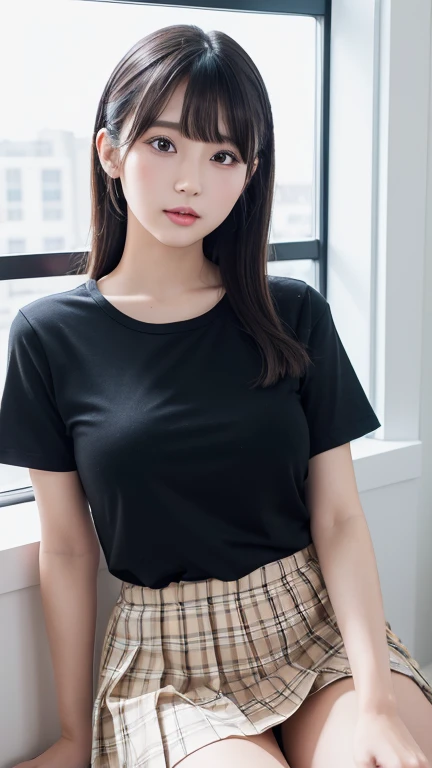 8K、Detailed Description、Very high definition、Realistic、reality的、Real、live-action、reality、High resolution、Nogizaka46、japanese idol,beautiful girl、21 years old、Angle from left side、profile、Direct your gaze here、Mouth closed、ponytail、Knee-up-top angle of view、School、Window、Short sleeve shirt、Beige plaid skirt、Very black hair、pretty girl、Beauty、Glowing Skin、Glowing Skin、Shiny Hair、Very white skin、Heavy makeup、Large Breasts、Slit eyes、Big Eyes、Double eyelids、Don't show your teeth、smile、Side view angle、Only the eyes look at me