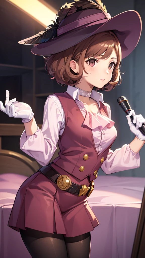 masterpiece, best quality, highres, 1girl, solo, dsnoir, brown hair, short hair, brown eyes, pink shirt, ascot, skirt, vest, hat, hat feather, pantyhose, bandolier, purple gloves, TAKEBAARENA, PINK BODYSUIT, WHITE GLOVES, CHOKER, CLEAVAGE, happy, cowbow shot, dressing room