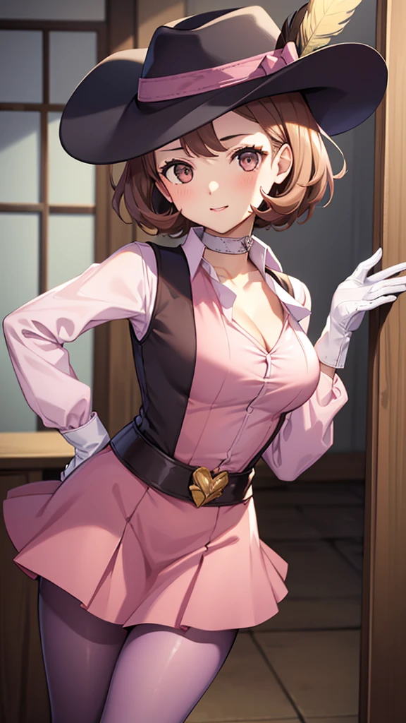 masterpiece, best quality, highres, 1girl, solo, dsnoir, brown hair, short hair, brown eyes, pink shirt, ascot, skirt, vest, hat, hat feather, pantyhose, bandolier, purple gloves, TAKEBAARENA, PINK BODYSUIT, WHITE GLOVES, CHOKER, CLEAVAGE, happy, cowbow shot, dressing room