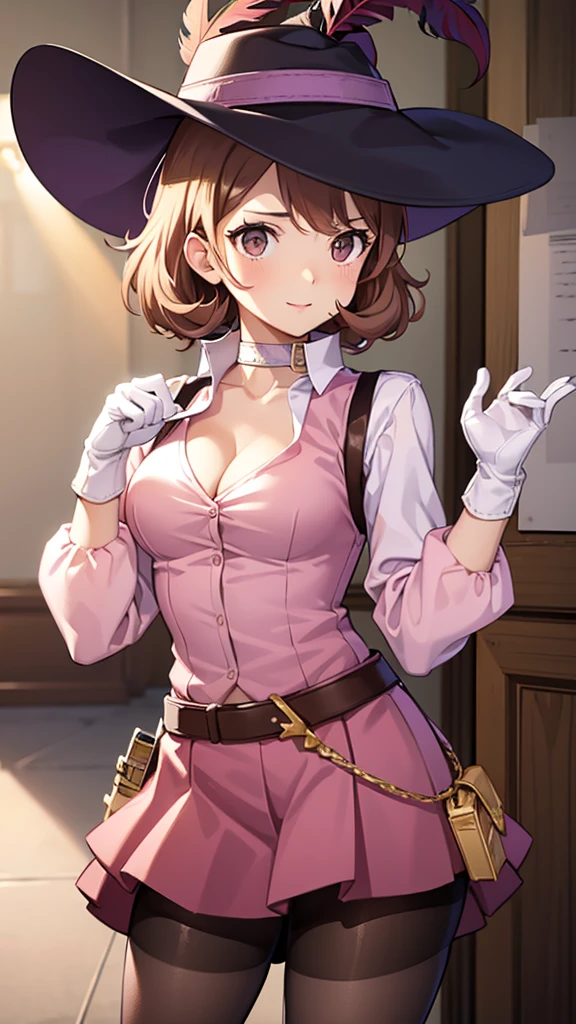 masterpiece, best quality, highres, 1girl, solo, dsnoir, brown hair, short hair, brown eyes, pink shirt, ascot, skirt, vest, hat, hat feather, pantyhose, bandolier, purple gloves, TAKEBAARENA, PINK BODYSUIT, WHITE GLOVES, CHOKER, CLEAVAGE, happy, cowbow shot, dressing room