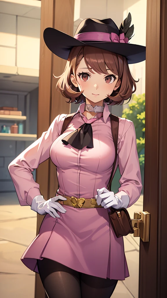 masterpiece, best quality, highres, 1girl, solo, dsnoir, brown hair, short hair, brown eyes, pink shirt, ascot, skirt, vest, hat, hat feather, pantyhose, bandolier, purple gloves, TAKEBAARENA, PINK BODYSUIT, WHITE GLOVES, CHOKER, CLEAVAGE, happy, cowbow shot, dressing room