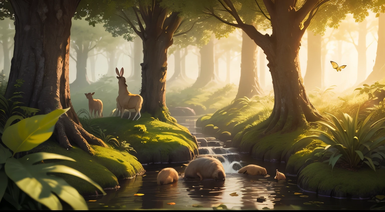 a peaceful forest scene with various animals, detailed wildlife, intricate foliage, warm lighting, vibrant colors, high resolution, photorealistic, 4k, hyperdetailed, lush greenery, mossy logs, small animal figures, deer, rabbits, squirrels, birds, butterflies, serene atmosphere, tranquil pond, natural lighting, golden hour