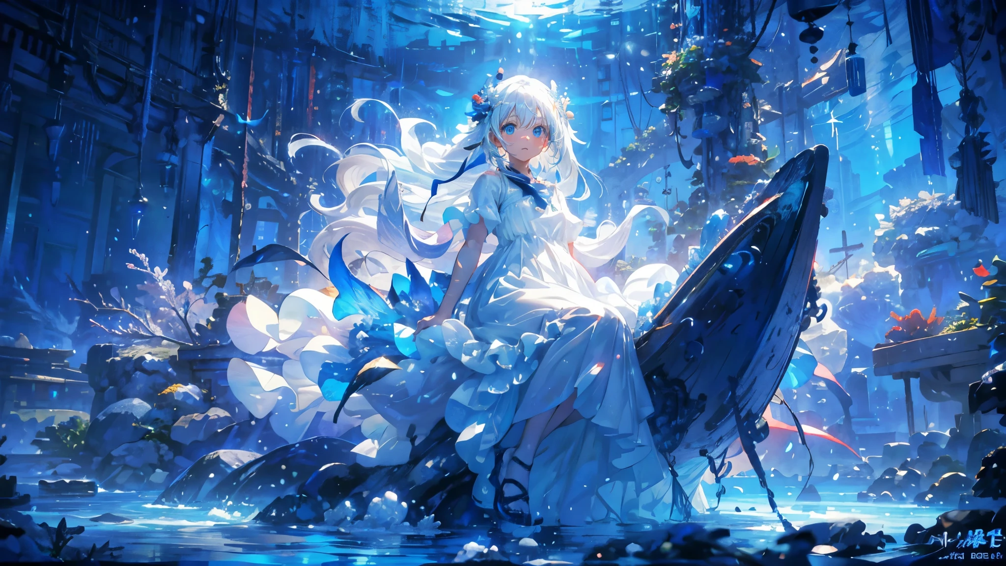 Anime girl in white dress with umbrella in a city - SeaArt AI