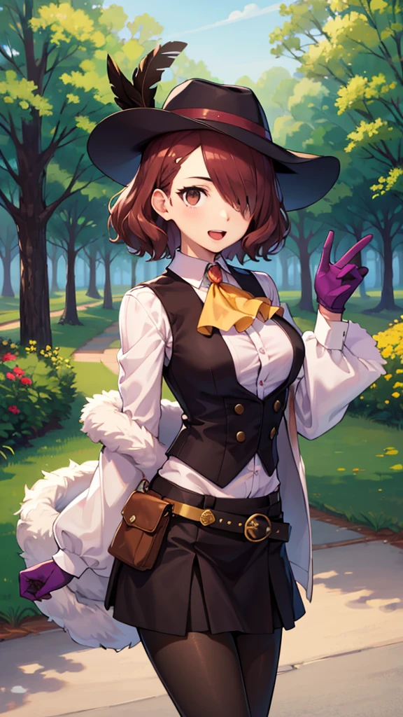 masterpiece, best quality, highres, kirijoarena, hair over one eye, fur coat, bodysuit, belt, dsnoir, brown hair, short hair, brown eyes, pink shirt, ascot, skirt, vest, hat, hat feather, pantyhose, bandolier, purple gloves, happy, open mouth, cowboy shot, outdoors, forest