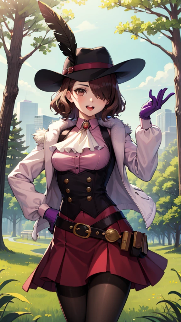 masterpiece, best quality, highres, kirijoarena, hair over one eye, fur coat, bodysuit, belt, dsnoir, brown hair, short hair, brown eyes, pink shirt, ascot, skirt, vest, hat, hat feather, pantyhose, bandolier, purple gloves, happy, open mouth, cowboy shot, outdoors, forest