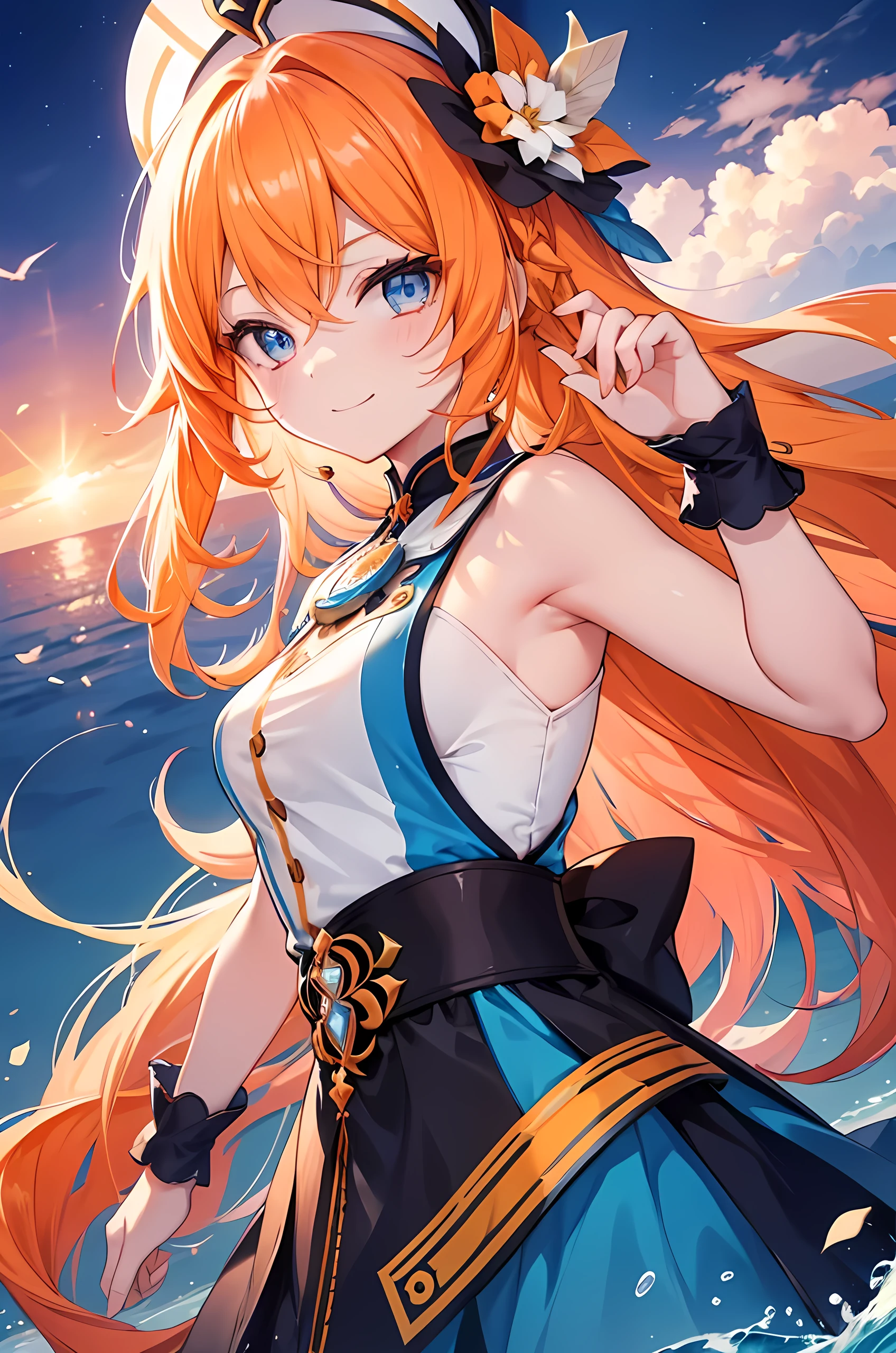 Young girl, orange long hair, blue eyes, genshin impact vibes, smile face