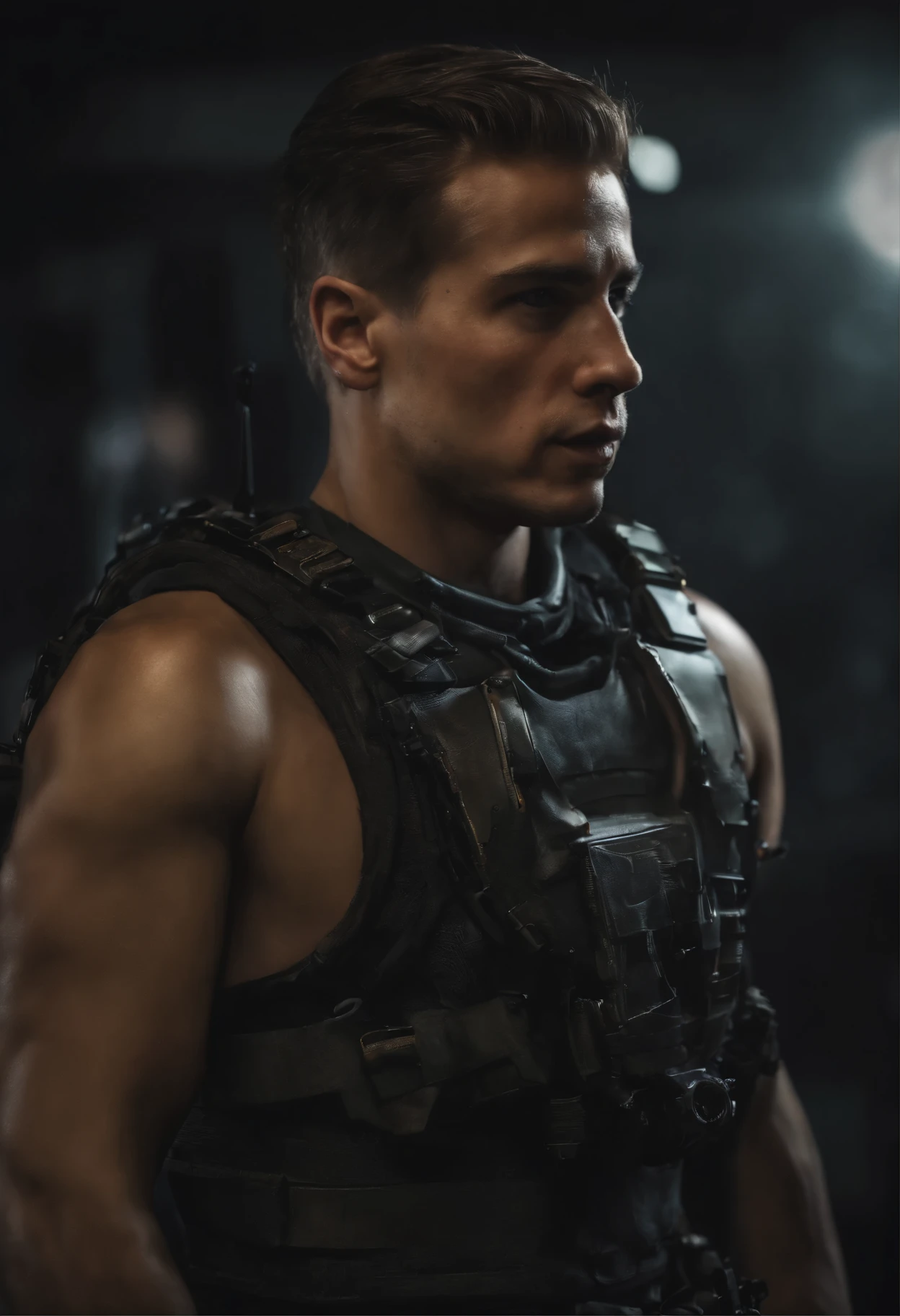 Teen male run, skinny body, trenches, mud, atmospheric, cute masculine square face, short hair, dead inside, tight cargo pants, topless, bokeh, background blur, rain, fog, sunset, chromatic aberration, wasteland, post apocalyptic, motion blur