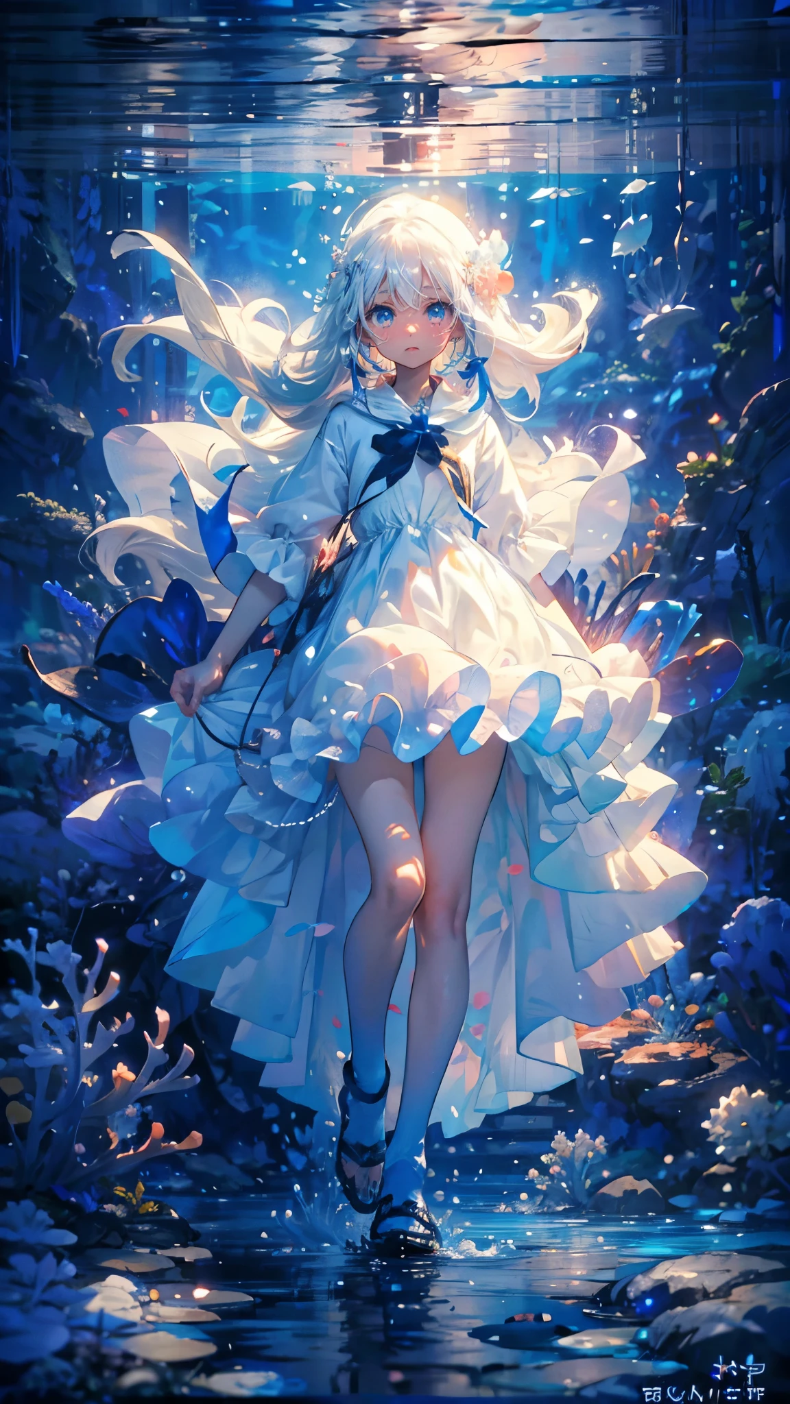 (Mastepiece), (Best Quality), Very detailed、1 girl、Perfect Face、(Full body photography:1.3), Very detailedな顔、(Long white hair:1.5)、(blue eyes:1.4)、(In the water:1.4)、(White Dress:1.5)、Ocean、Coral Reef、School of small fish、Light、Bubble、jellyfish、Ocean藻、(深Ocean:1.4)、Fantasy、Ocean底、Sink