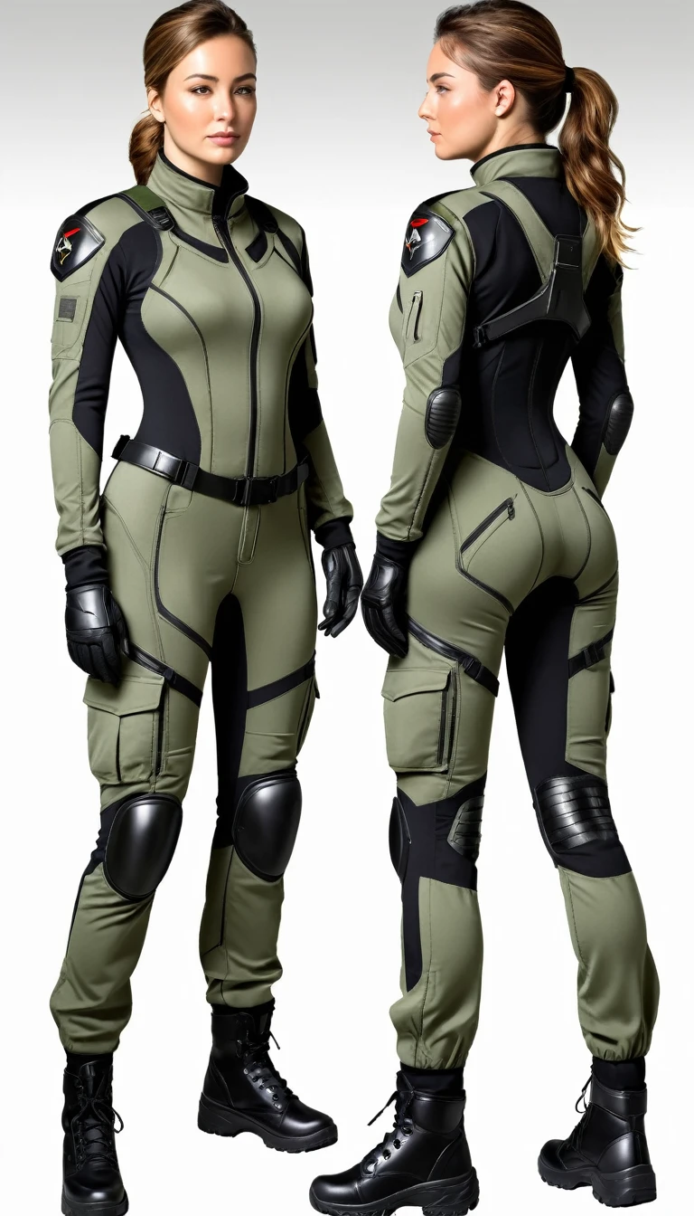 data sheet, tight combat suit, realistic female military pilot combat suit, tight, detail technical drawing, technical sheet, different angles
