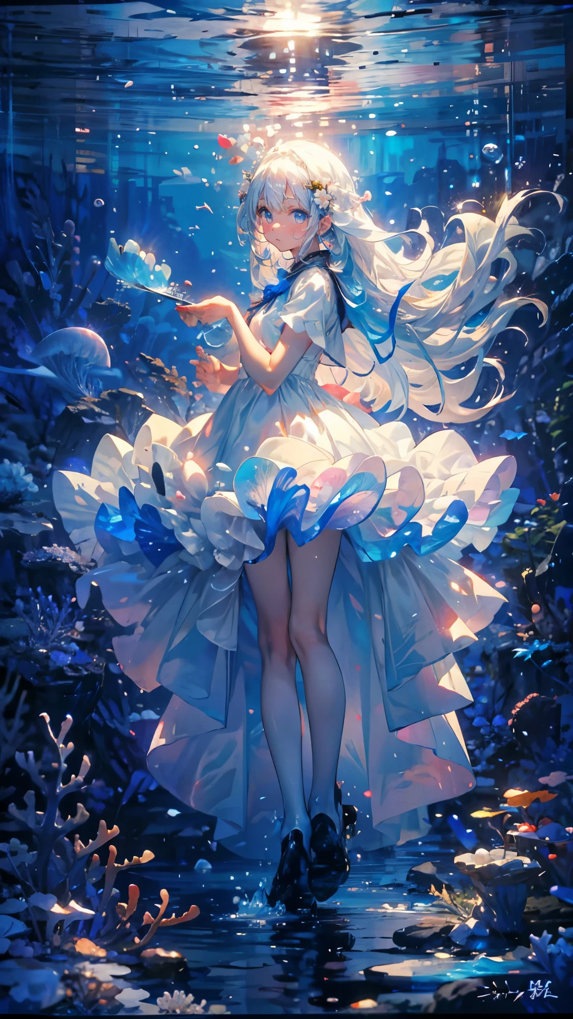 (Mastepiece), (Best Quality), Very detailed、1 girl、Perfect Face、(Full body photography:1.3), Very detailedな顔、(Long white hair:1.5)、(blue eyes:1.4)、(In the water:1.4)、(White Dress:1.5)、Ocean、Coral Reef、School of small fish、Light、Bubble、jellyfish、Ocean藻、(深Ocean:1.4)、Fantasy、Ocean底、Sink