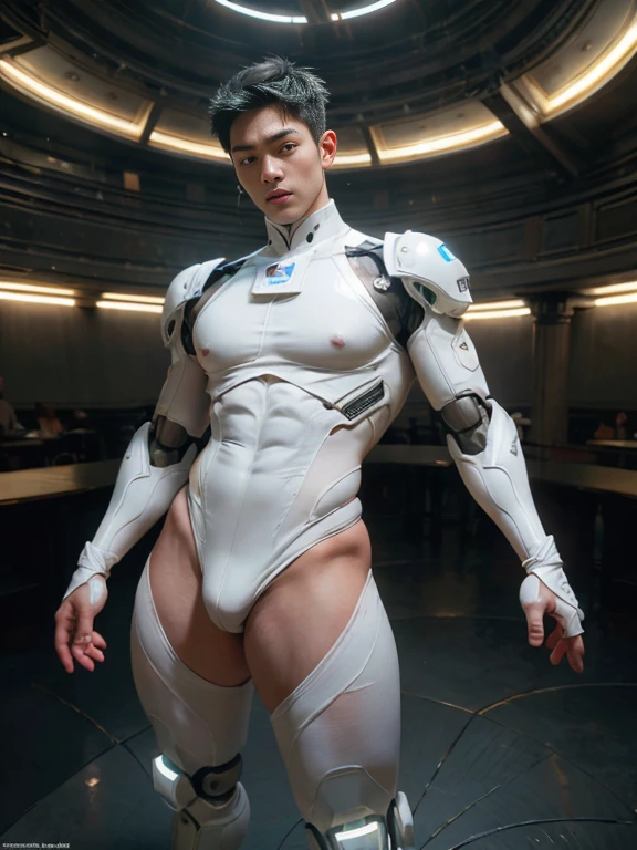 (masutepiece,High resolution,ultra - detailed:1.0),1(Boy,Robot Boy),Perfect male body,Look at the camera,Delicate eyes and delicate face,extremely details CG,Unity 8k wallpaper,intricate-detail,solo person,Detailed face, (Futuristic skin-perfect sexy white jumpsuit), Best Quality, hands visible, (White Gloves), Beautiful and delicate blue short hair:1.5 , full length shot(fls) , big thighs , big hips , insane details, hyper details , photorealistic , only male , handsome boy , puffy nipples , 16k resolution , ultra-high clarity , hyperrealism, uhd,. K-pop idol ,   whore , slutty whore , swollen nipples , defeat , grins ,thick thighs, thick hips , male , wide hips , wide pelvis ， bare thighs ,  sexy ,bare hips , epic reality ,  ultra realism , ultra photorealistic , front view , (((only boy , only male)))    , (boy ,male) ,  ((everything tight))  ,  real , ((real boy))
