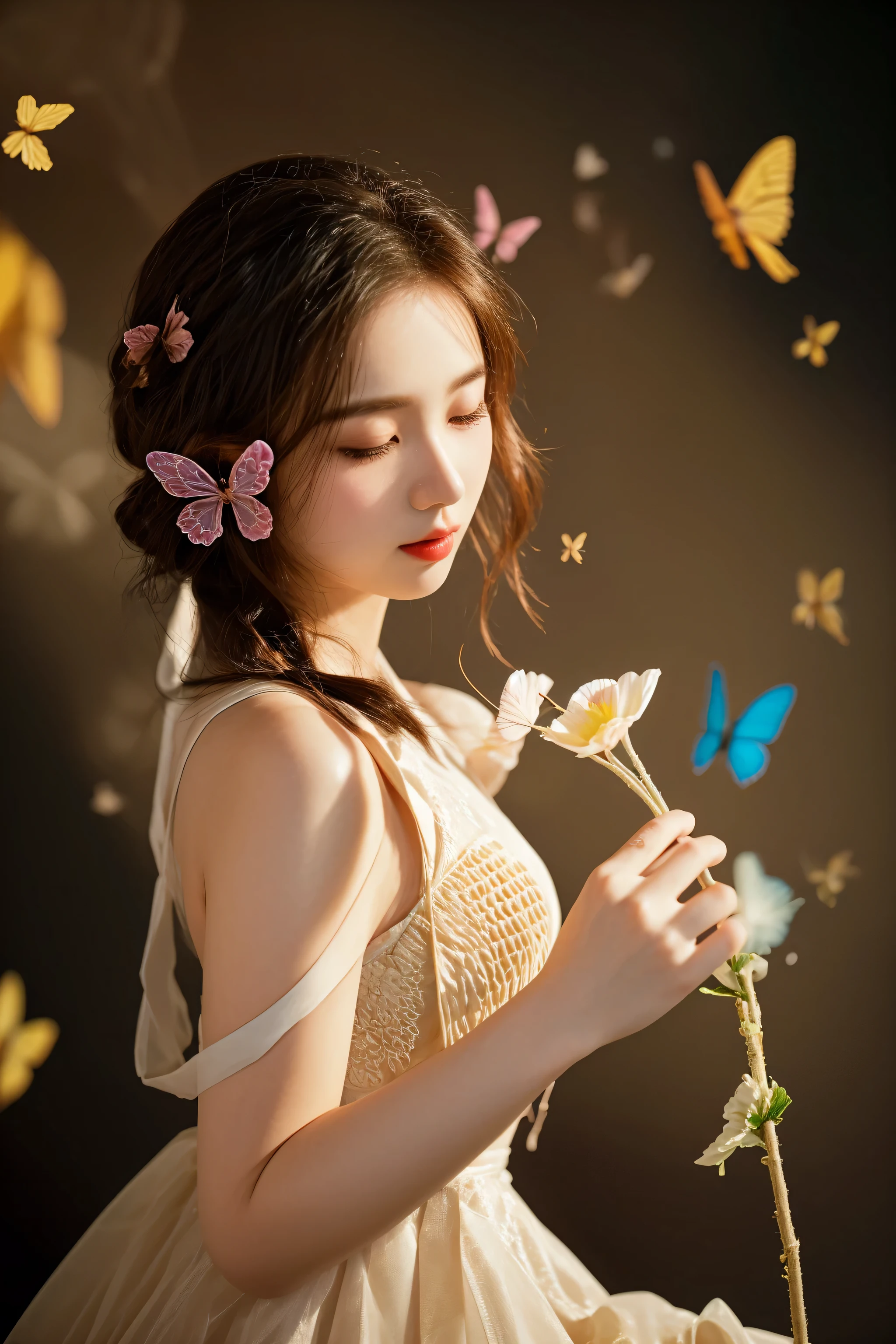 there is a woman in a dress holding a flower and butterflies, beautiful young korean woman, photo taken with nikon d750, photo taken with nikon d 7 5 0, portrait shot, shot with canon eoa 6 d mark ii, gorgeous young korean woman, taken with canon eos 5 d mark iv, light effect. feminine, harmony of butterfly
