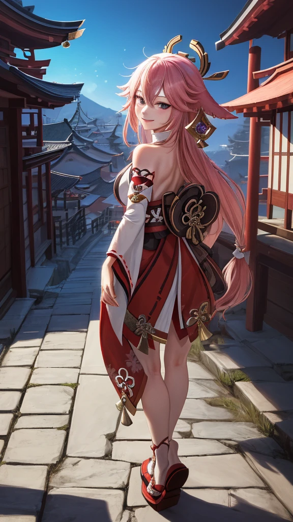 yaemikodef, The upper part of the body, smile, Be red in the face, exteriors, In the daytime, simple backgound, blue-sky, short detailed hair, Skysky, temple, looking at viewert, stairways, mont, moody light, face to the viewer, ultraclear