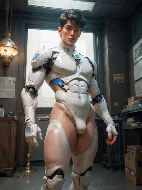 (masutepiece,High resolution,ultra - detailed:1.0),1(Boy,Robot Boy),Perfect male body,Look at the camera,Delicate eyes and delicate face,extremely details CG,Unity 8k wallpaper,intricate-detail,solo person,Detailed face, (Futuristic skin-perfect sexy white jumpsuit), Best Quality, hands visible, (White Gloves), Beautiful and delicate blue short hair:1.5 , full length shot(fls) , big thighs , big hips , insane details, hyper details , photorealistic , only male , handsome boy , puffy nipples , 16k resolution , ultra-high clarity , hyperrealism, uhd,. K-pop idol ,   whore , slutty whore , swollen nipples , defeat , grins ,thick thighs, thick hips , male , wide hips , wide pelvis ， bare thighs ,  sexy ,bare hips , epic reality ,  ultra realism , ultra photorealistic , front view , (((only boy , only male)))    , (boy ,male) ,  ((everything tight))  ,  real , ((real boy))
