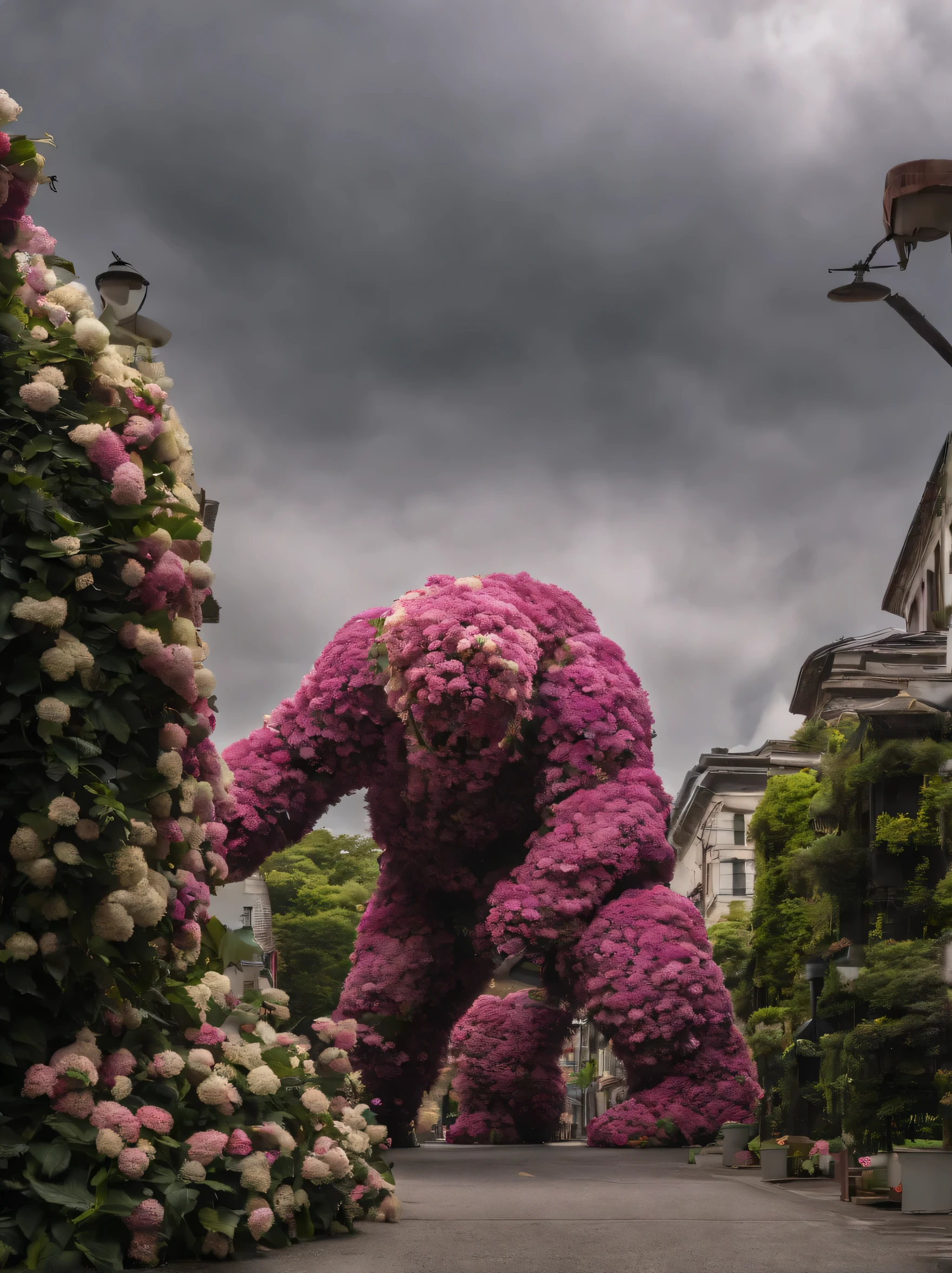 Hydrangea monster destroys Tokyo skyline. (((A giant plant monster with pink hydrangeas blooming all over its body)))、photo、Photorealism、Air pollution causes hydrangeas to mutate into giant creatures..Hydrangea evolves into a new species、Rainy city、Overcast sky、Destroyed City、Hydrangea monster bigger than a building goes on a rampage.!!! (((A fighter jet attacks the hydrangea monster from the sky、Soldiers on the ground are also trying to intercept the hydrangea monster.)))、Monster movie style、Japanese special effects movies、