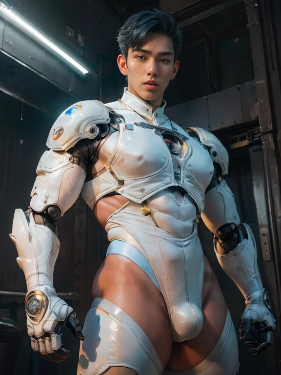 (masutepiece,High resolution,ultra - detailed:1.0),1(Boy,Robot Boy),Perfect male body,Look at the camera,Delicate eyes and delicate face,extremely details CG,Unity 8k wallpaper,intricate-detail,solo person,Detailed face, (Futuristic skin-perfect sexy white jumpsuit), Best Quality, hands visible, (White Gloves), Beautiful and delicate blue short hair:1.5 , full length shot(fls) , big thighs , big hips , insane details, hyper details , photorealistic , only male , handsome boy , puffy nipples , 16k resolution , ultra-high clarity , hyperrealism, uhd,. K-pop idol ,   whore , slutty whore , swollen nipples , defeat , grins ,thick thighs, thick hips , male , wide hips , wide pelvis ， bare thighs ,  sexy ,bare hips , epic reality ,  ultra realism , ultra photorealistic , front view , (((only boy , only male)))    , (boy ,male) ,  ((everything tight))  ,  real , ((real boy))
