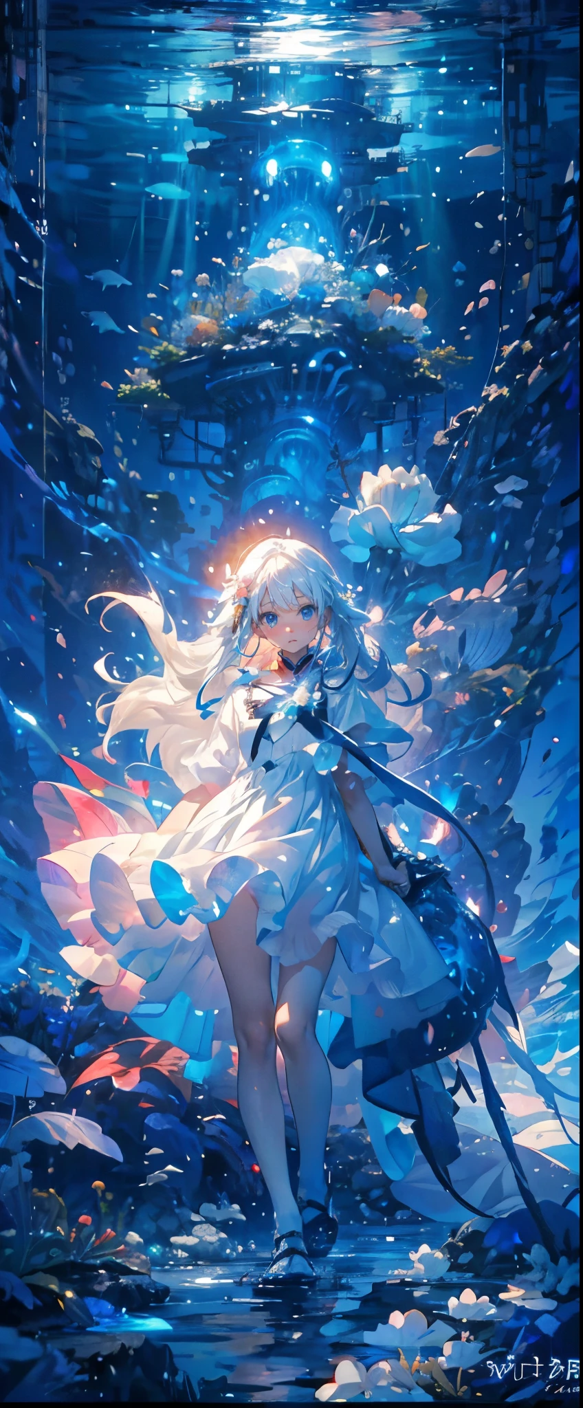 (Mastepiece), (Best Quality), Very detailed、1 girl、Perfect Face、(Full body photography:1.3), Very detailedな顔、(Long white hair:1.5)、(blue eyes:1.4)、(In the water:1.4)、(White Dress:1.5)、Ocean、Coral Reef、School of small fish、Light、Bubble、jellyfish、Ocean藻、(深Ocean:1.4)、Fantasy、Ocean底、Sink