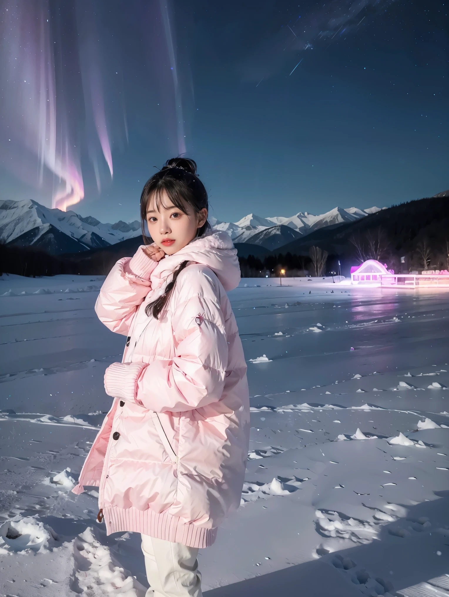 Pink aurora in white snow, snow mountain,river,snowstorm,colorful stars twinkling, Unreal Engine, 8K HD, HD. --ar 9:16  , 1girl