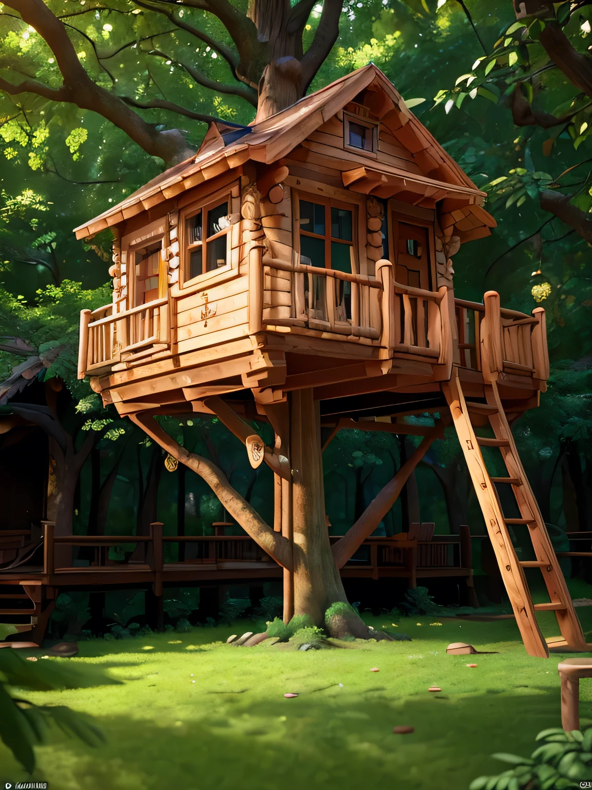 a cozy treehouse, detailed wooden treehouse, intricate tree branches, lush green foliage, sunlight filtering through leaves, charming rustic interior, warm lighting, comfortable furniture, floating in the air, magical atmosphere, (best quality,4k,8k,highres,masterpiece:1.2),ultra-detailed,(realistic,photorealistic,photo-realistic:1.37),vibrant colors,cinematic lighting