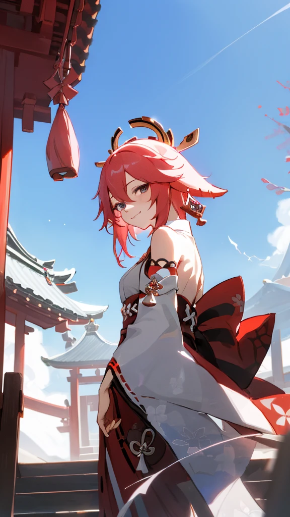 yaemikodef, The upper part of the body, smile, Be red in the face, exteriors, In the daytime, simple backgound, blue-sky, short detailed hair, Skysky, temple, looking at viewert, stairways, mont, moody light, face to the viewer, ultraclear