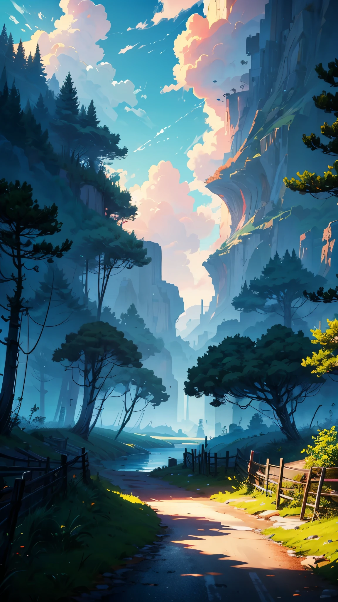 a small dirt road with wooden fence leading to a big lake, big sky with clouds, lush greenery, digital anime art style, highly detailed, 8k, masterpiece, photorealistic, vivid colors, cinematic lighting, dramatic angle, beautiful landscape