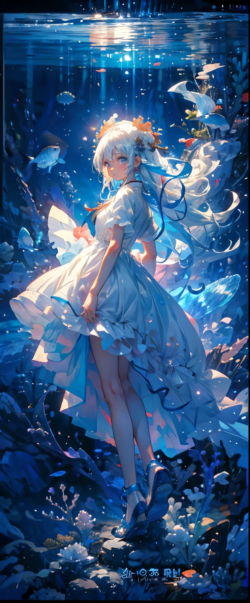 (Mastepiece), (Best Quality), Very detailed、1 girl、Perfect Face、(Full body photography:1.3), Very detailedな顔、(Long white hair:1.5)、(blue eyes:1.4)、(In the water:1.4)、(White Dress:1.5)、Ocean、Coral Reef、There are lots of colorful fish、School of small fish、Light、Bubble、jellyfish、Ocean藻、(深Ocean:1.4)、Fantasy、Ocean底、Sink