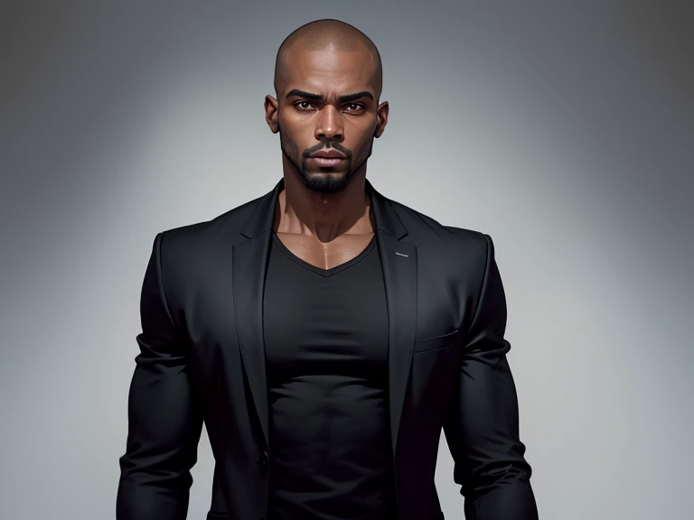 Imagem realista de 8K de um homem negro de 25 anos, muito magro, Careca, vestida com um blazer preto e uma blusa branca por baixo, rosto assustado e suado, em frente a um espelho em um banheiro simples, Cena noturna