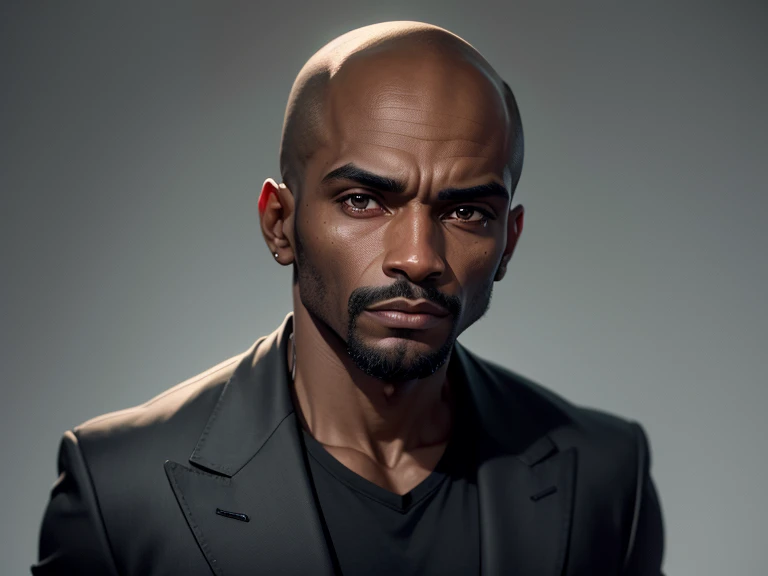 Imagem realista de 8K de um homem negro de 25 anos, muito magro, Careca, vestida com um blazer preto e uma blusa branca por baixo, rosto assustado e suado, em frente a um espelho em um banheiro simples, Cena noturna