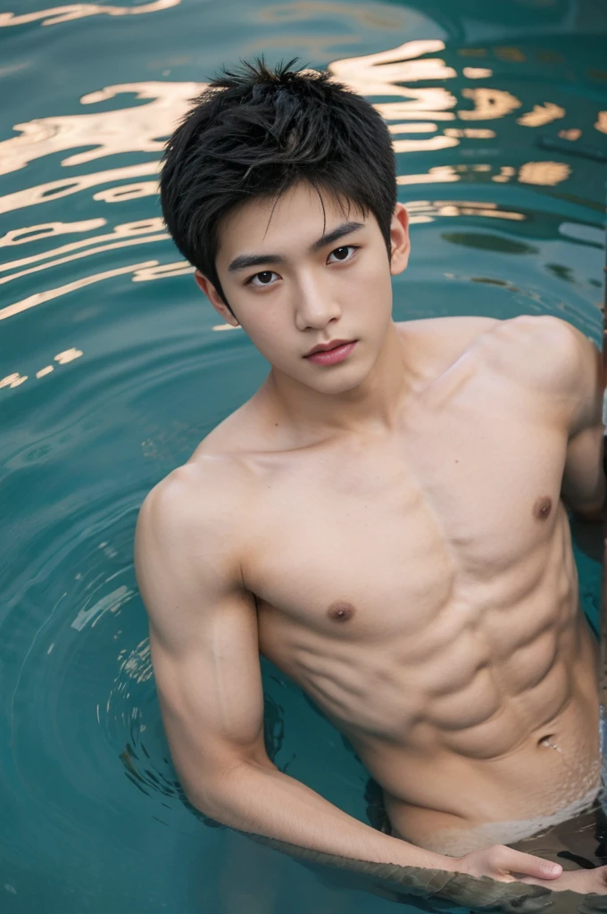 1boy,asian young man, muscular,twink,normal body, in the water ,