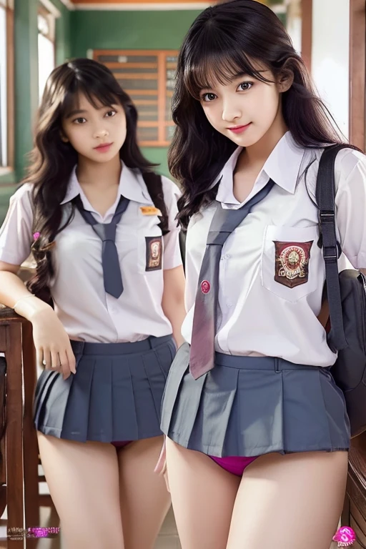 Multiple girl, realistic, extremely detailed, 8k, trending on ArtStation, Intricate, High Detail, Sharp focus, cute high school girl, beautiful, standing, indohighschool uniform, black wavy hair, school hallway, cute, photorealistic, full body, detailed, high quality, using pink panties, using white panties, visible panties