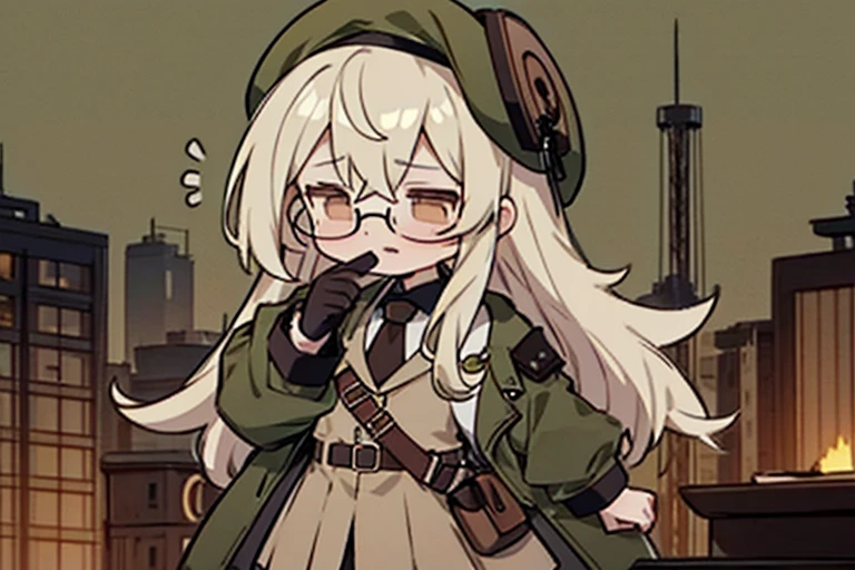 long ahoge,shirt,White hair,Brown eyes,circle-glasses,Brown tie,brown skirt,dark green beret,Dark green jacket,girl with,steampunkai,sleepeace,retro city background,jitome,hand to own mouth