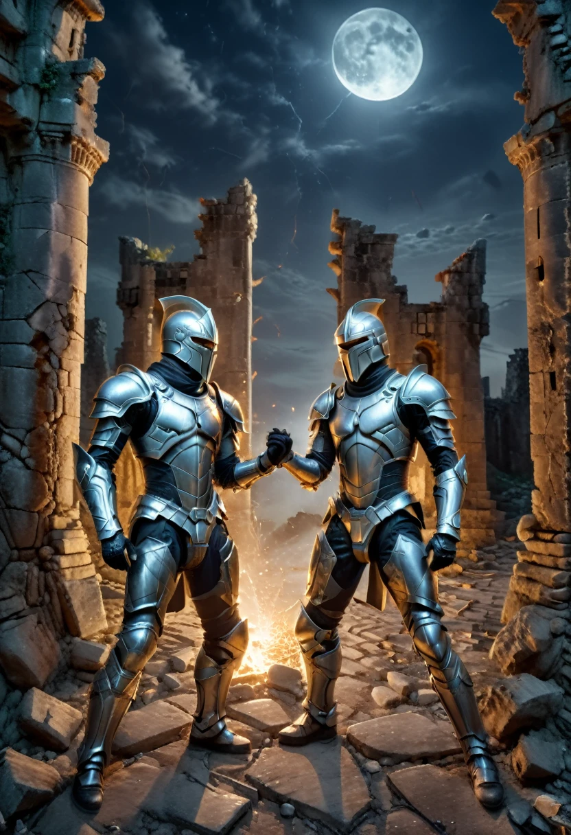 Surrealist style, two warriors dressed in tight silver battle suits confront each other in the ruins of abandoned castles, creating a strong light and shadow effect under the moonlight. The background is shattered stone pillars and the hazy night sky, creating a tense and mysterious atmosphere. The camera is in the middle shot, (masterpiece, best quality, Professional, perfect composition, very aesthetic, absurdres, ultra-detailed, intricate details:1.3)