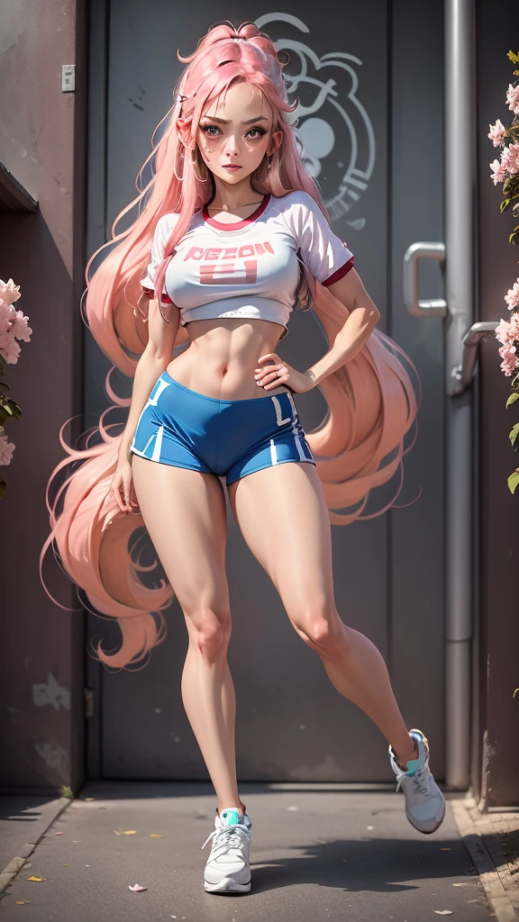 ,,cherry blossoms,beautiful,blue buruma, gym shirts, white t-shirts, gym uniform,best quality,full body,cute face,detailed skin,detailed beautiful face and eyes,1girl,UHR,slender waist,constricted waist,good anatomy,long hair,pink hair