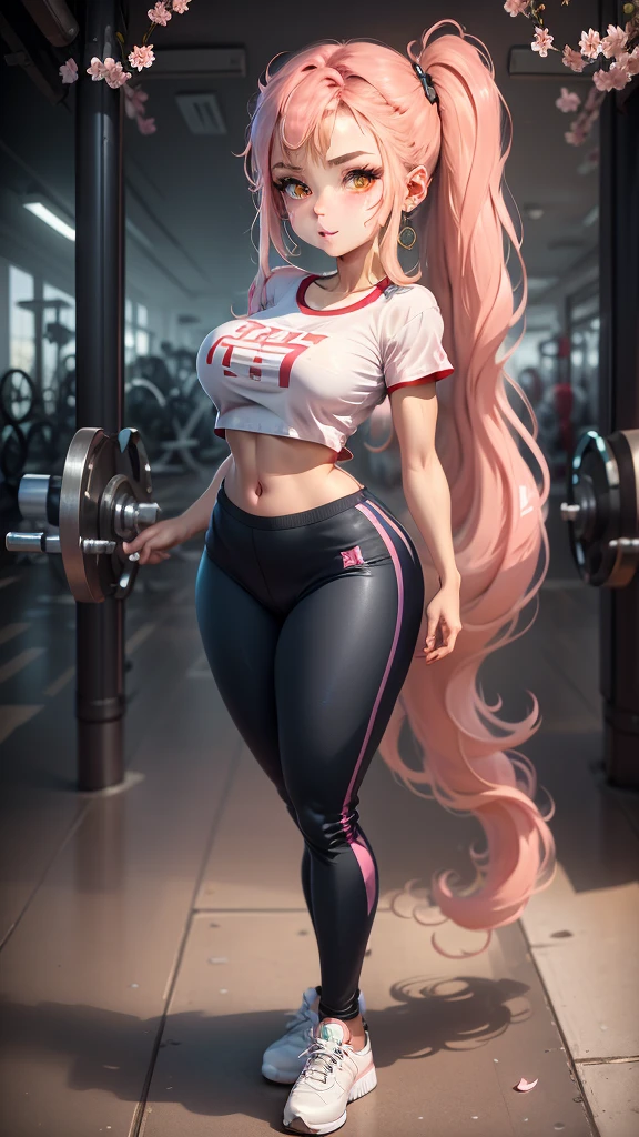 ,,cherry blossoms,beautiful,blue buruma, gym shirts, white t-shirts, gym uniform,best quality,full body,cute face,detailed skin,detailed beautiful face and eyes,1girl,UHR,slender waist,constricted waist,good anatomy,long hair,pink hair