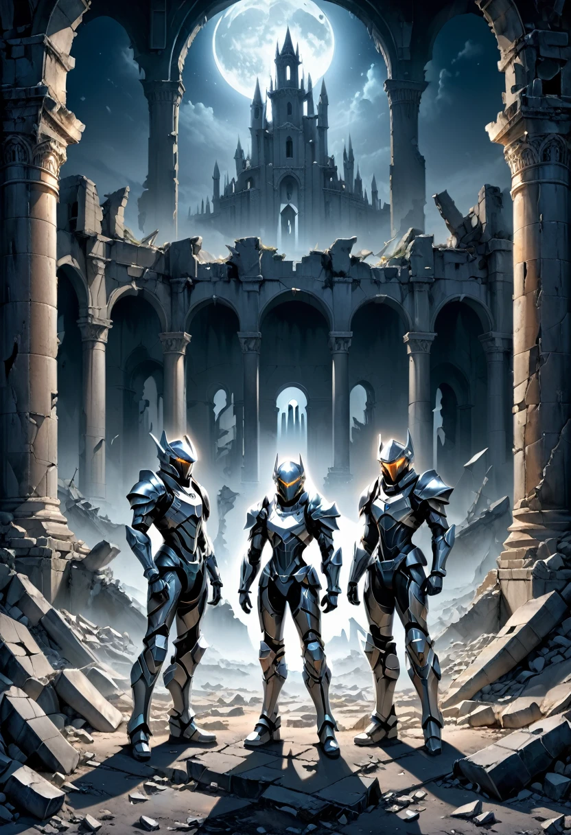 Surrealist style, two warriors dressed in tight silver battle suits confront each other in the ruins of abandoned castles, creating a strong light and shadow effect under the moonlight. The background is shattered stone pillars and the hazy night sky, creating a tense and mysterious atmosphere. The camera is in the middle shot, (masterpiece, best quality, Professional, perfect composition, very aesthetic, absurdres, ultra-detailed, intricate details:1.3)