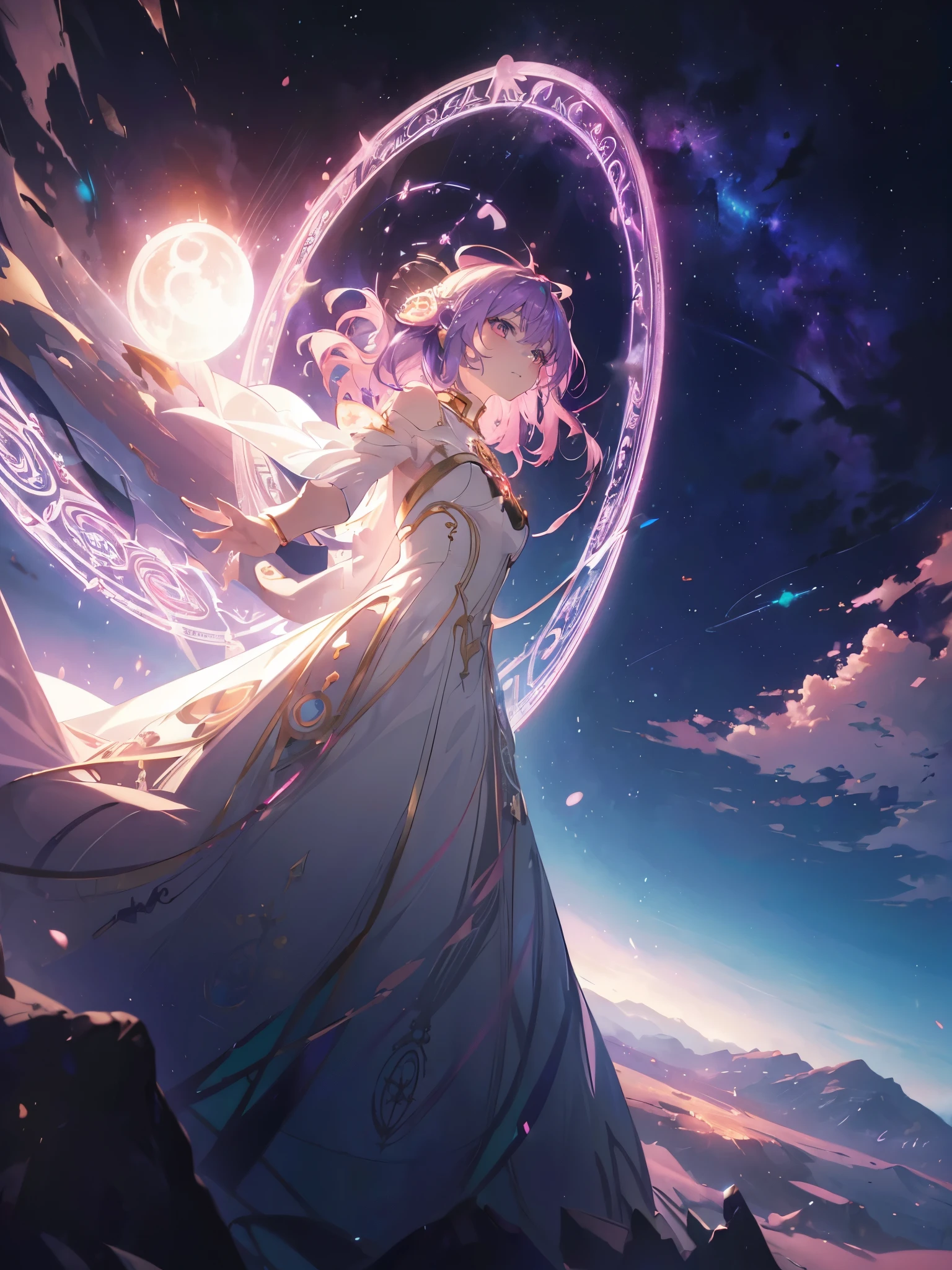 One girl, Beautiful and fine details, Long purple hair, Pale red eyes, Princess Dress, Glowing Skin, resolution, (Anime Style:1.6)High Contrast, ((Mastepiece, highest quality))Vast landscape photography, (View from below with views of the sky and wilderness below), Girl looking up, (full moon: 1.2), (shooting star: 0.9), (nebula: 1.3), Distant Mountain, Treebreak Production Art, (Warm light source: 1.2), (magic circle: 1.5), Purple and Orange, Intricate details, Volumetric Lighting, Realism Break (Mastepiece: 1.2) (highest quality), 4k, Super detailed, (Dynamic Configuration: 1.4), Extremely detailed and colorful, (Iridescent colors: 1.2), (Brilliant lighting, Ambient lighting), dream-like, Magic, (alone: 1.5)　Perfect Fingers