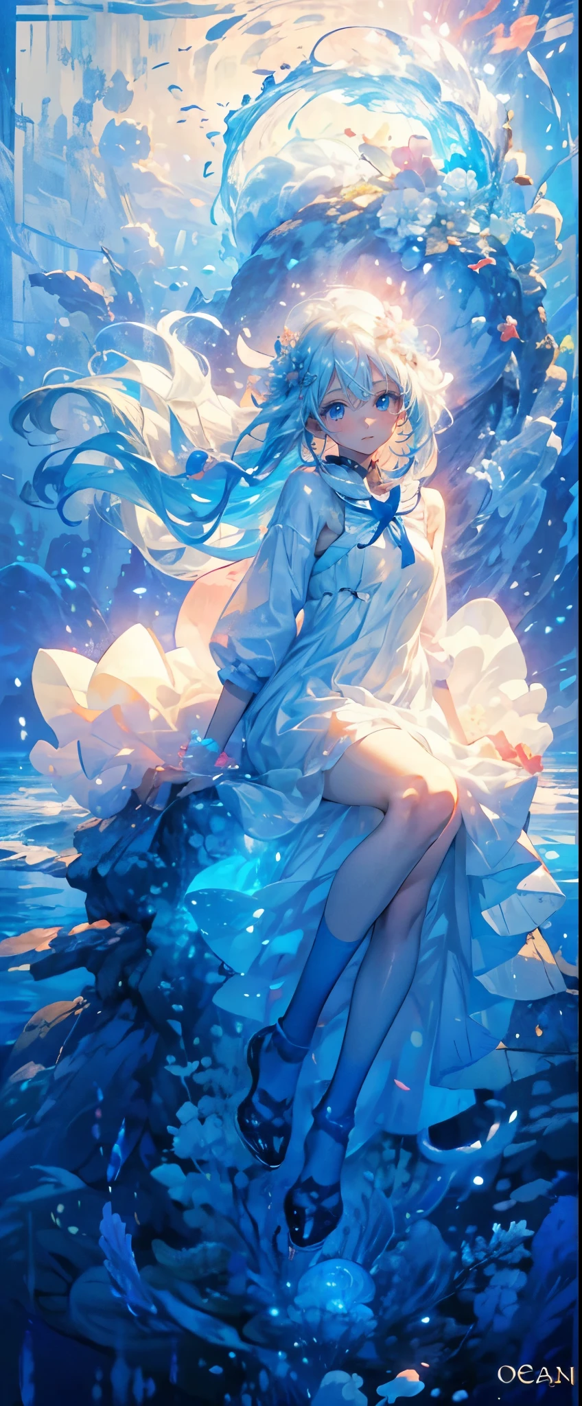 (Mastepiece), (Best Quality), Very detailed、1 girl、Perfect Face、(Full body photography:1.3), Very detailedな顔、(Long white hair:1.5)、(blue eyes:1.4)、(In the water:1.4)、(White Dress:1.5)、smile、Ocean、Coral Reef、There are lots of colorful fish、School of small fish、Light、Bubble、jellyfish、Ocean藻、(深Ocean:1.4)、Fantasy、Ocean底、Floating