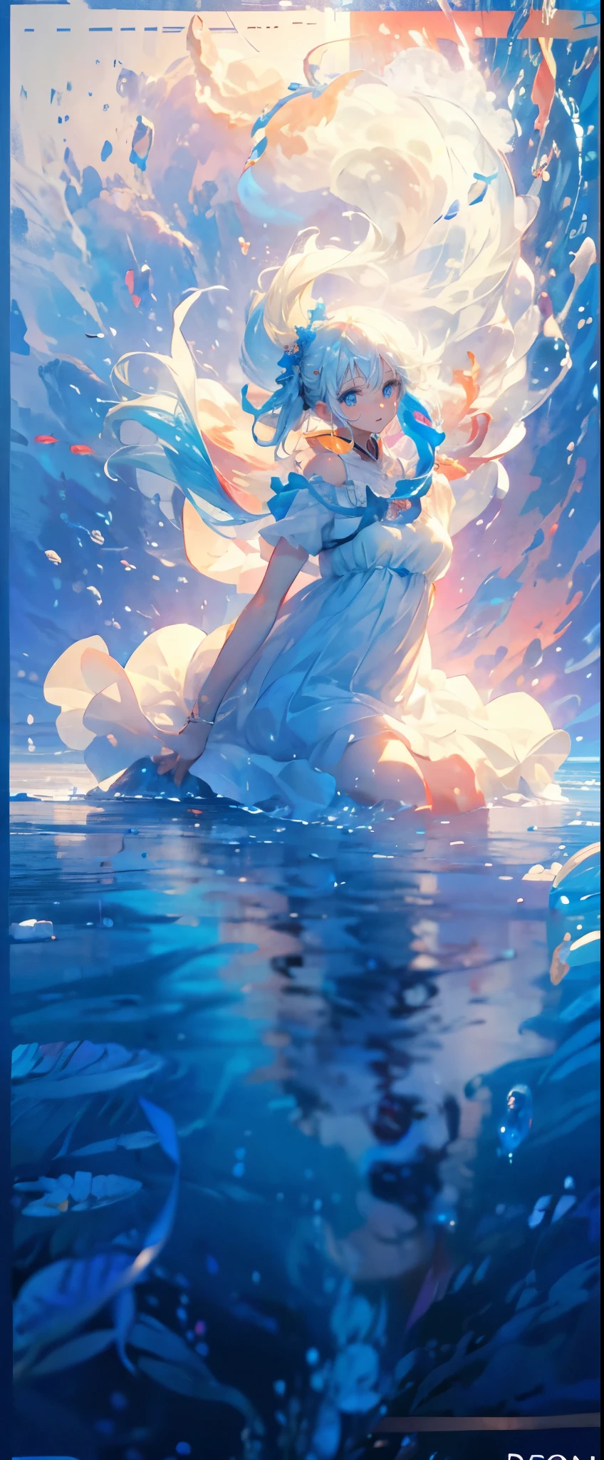 (Mastepiece), (Best Quality), Very detailed、1 girl、Perfect Face、(Full body photography:1.3), Very detailedな顔、(Long white hair:1.5)、(blue eyes:1.4)、(In the water:1.4)、(White Dress:1.5)、smile、Ocean、Coral Reef、There are lots of colorful fish、School of small fish、Light、Bubble、jellyfish、Ocean藻、(深Ocean:1.4)、Fantasy、Ocean底、Floating
