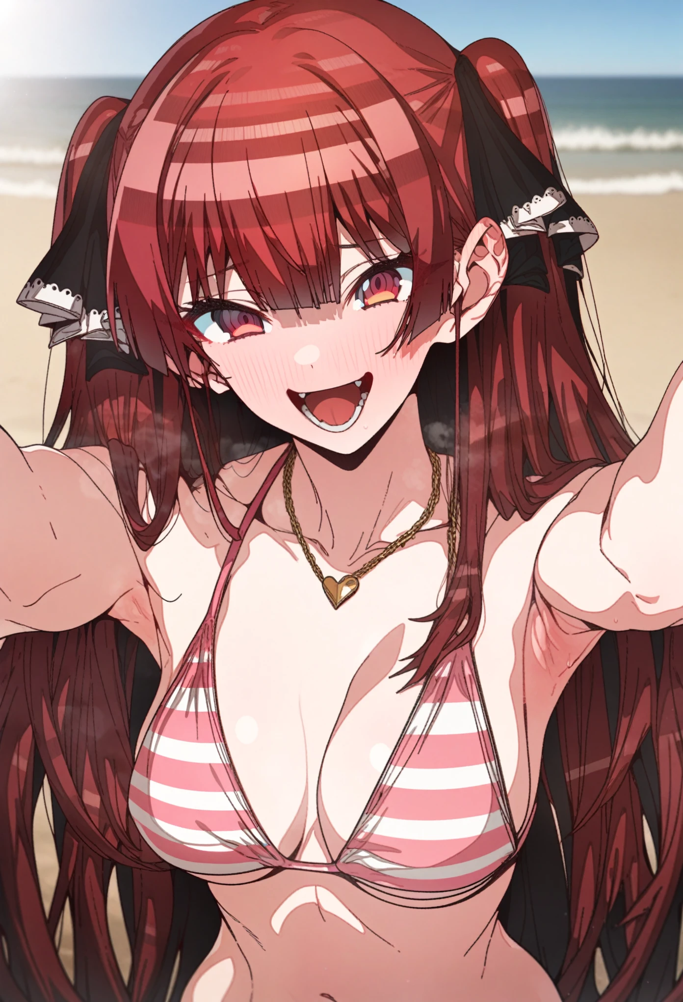 houshou_marine, Artist, erere, Copyrights, idolmaster, idolmaster_shiny_colors, Character, General, 1girl, red_hair, blunt_bangs, blush, large_breasts, breasts, smile, brown_eyes, censored, long_hair, striped bikini, pink_bikini, frilled_bikini, navel, open_mouth, raised_eyebrows, teeth, two_side_up, ((full_body)) (on_back,), sky, [detailed, sand, outdoors], looking_at_viewer, facing_viewer, masterpiece, best_quality, great_quality, girl, solo, center_composition, centered character, breath
