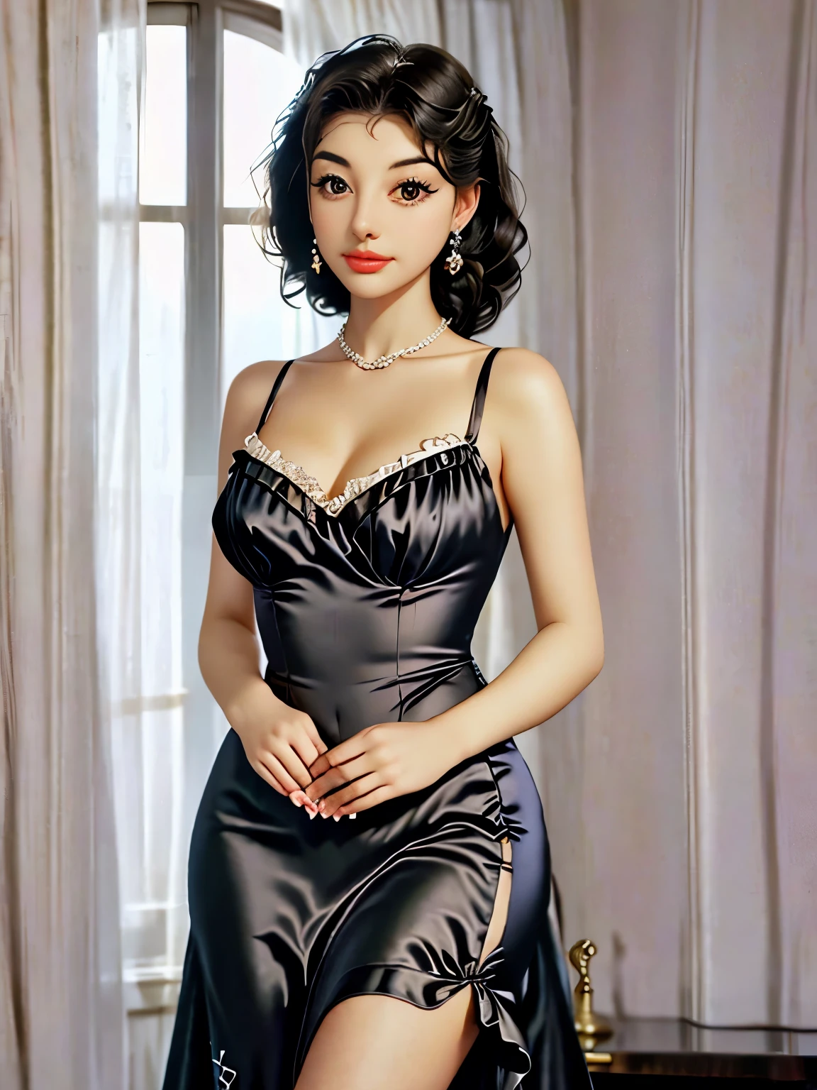 pretty young woman, thick black hair in 1940s style, high slit on dress, thin, silk low cut evening dress, elegant tropical colonial ballroom, masterpiece, intricate detail, Brownie Reflex, Flash, creasing and foxing