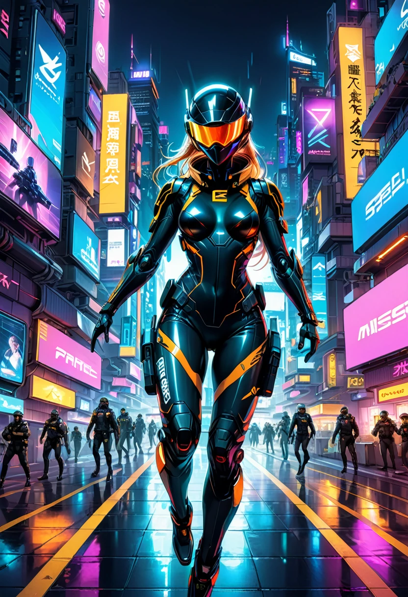 Motion Blur, Cyberpunk style, on the rooftop of a futuristic city, a spy wearing a tight black combat suit leaps in the neon night scene, with busy air traffic and flashing billboards forming the background. The full body camera showcases a sense of speed and technology, (masterpiece, best quality, Professional, perfect composition, very aesthetic, absurdres, ultra-detailed, intricate details:1.3)